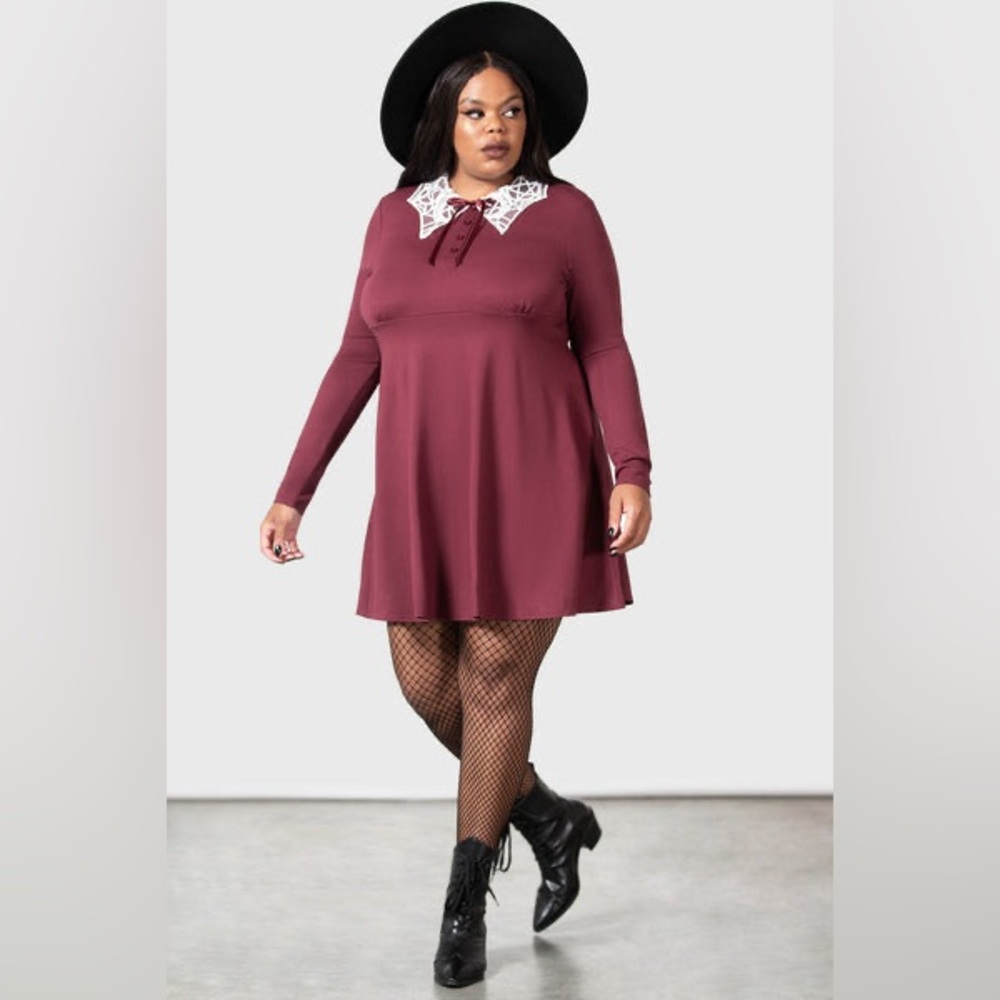 Killstar Maroon Long-Sleeve Dress with White Lace Collar